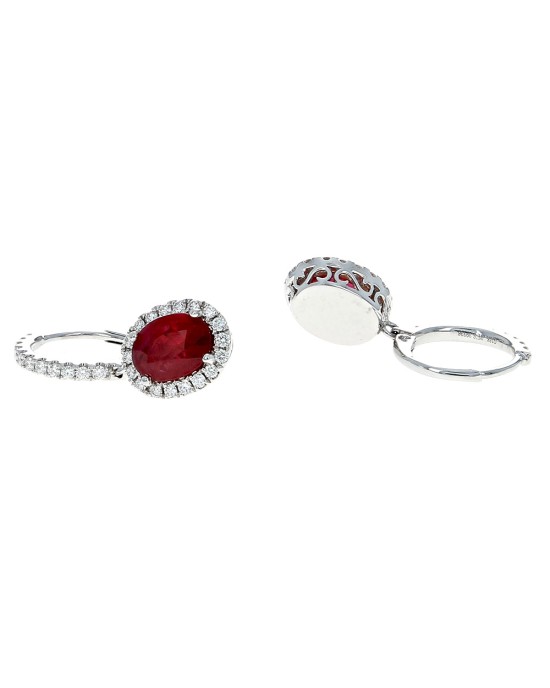 Ruby and Diamond Halo Drop Earrings in White Gold